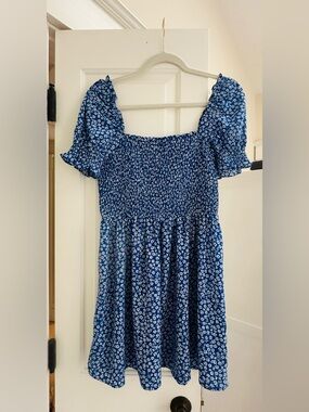 Anthropologie Blue Floral Smocked Mini Dress